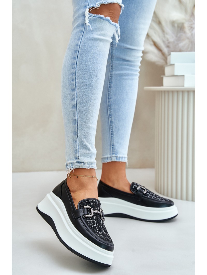 Leather Women's Moccasins On Platform With Decoration Black Vinceza 89105