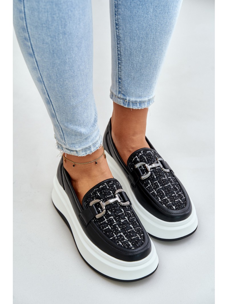 Leather Women's Moccasins On Platform With Decoration Black Vinceza 89105