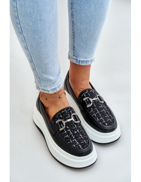 Leather Women's Moccasins On Platform With Decoration Black Vinceza 89105