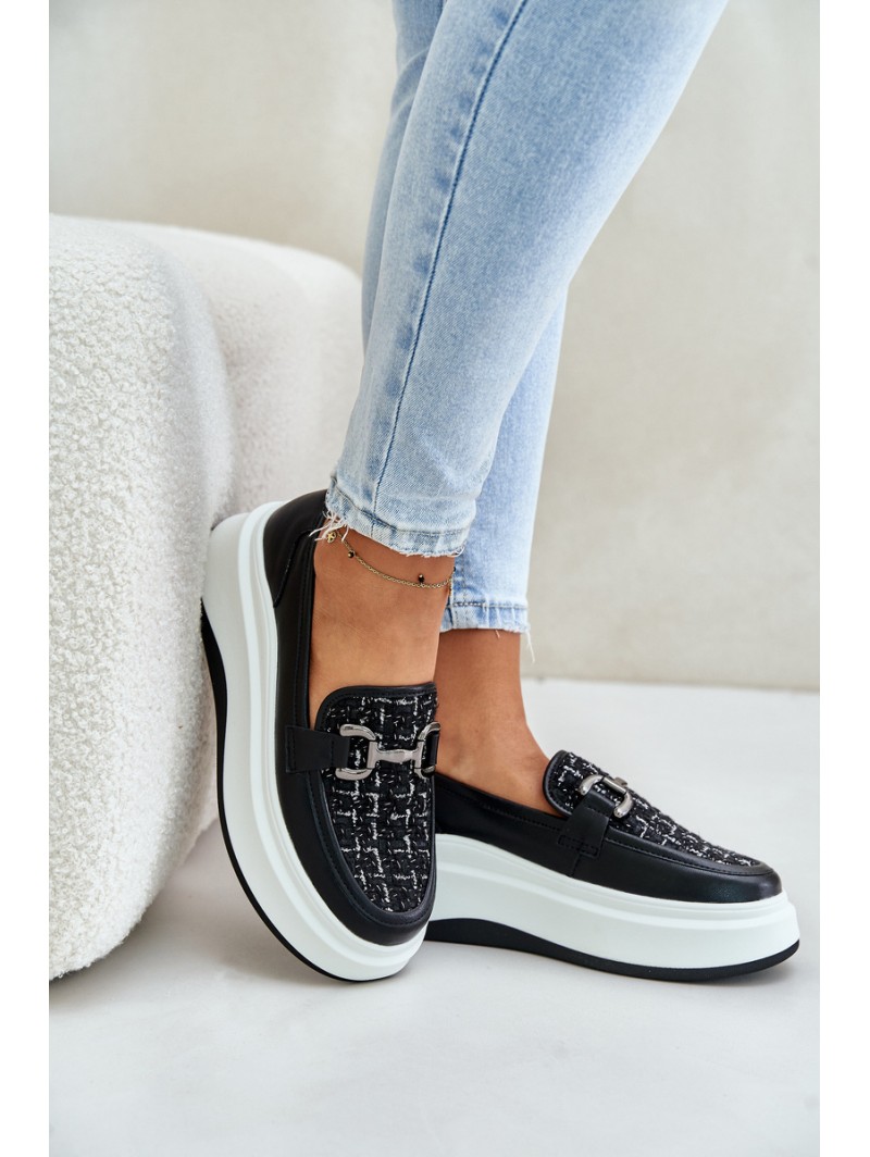 Leather Women's Moccasins On Platform With Decoration Black Vinceza 89105