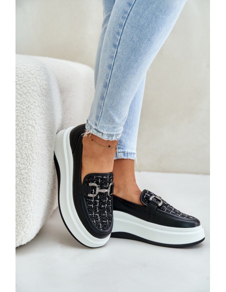Leather Women's Moccasins On Platform With Decoration Black Vinceza 89105