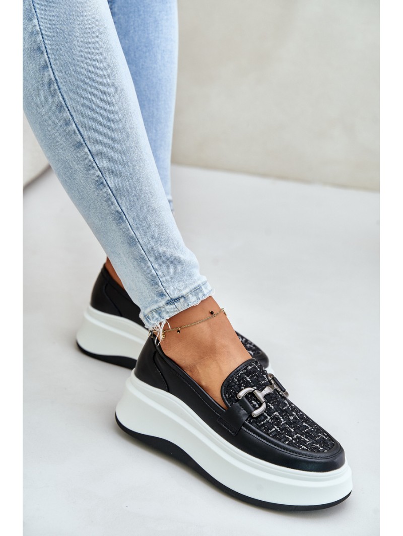 Leather Women's Moccasins On Platform With Decoration Black Vinceza 89105