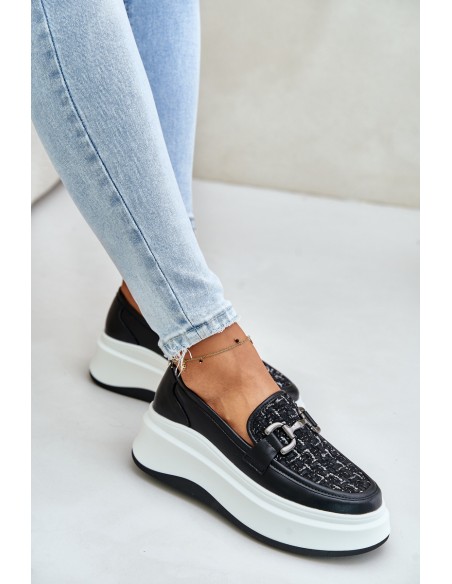 Leather Women's Moccasins On Platform With Decoration Black Vinceza 89105