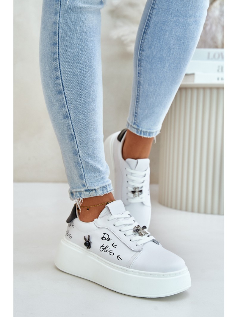 Women's Leather Sneakers On Platform With Clip And Text 89102 White