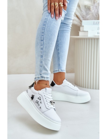 Women's Leather Sneakers On Platform With Clip And Text 89102 White