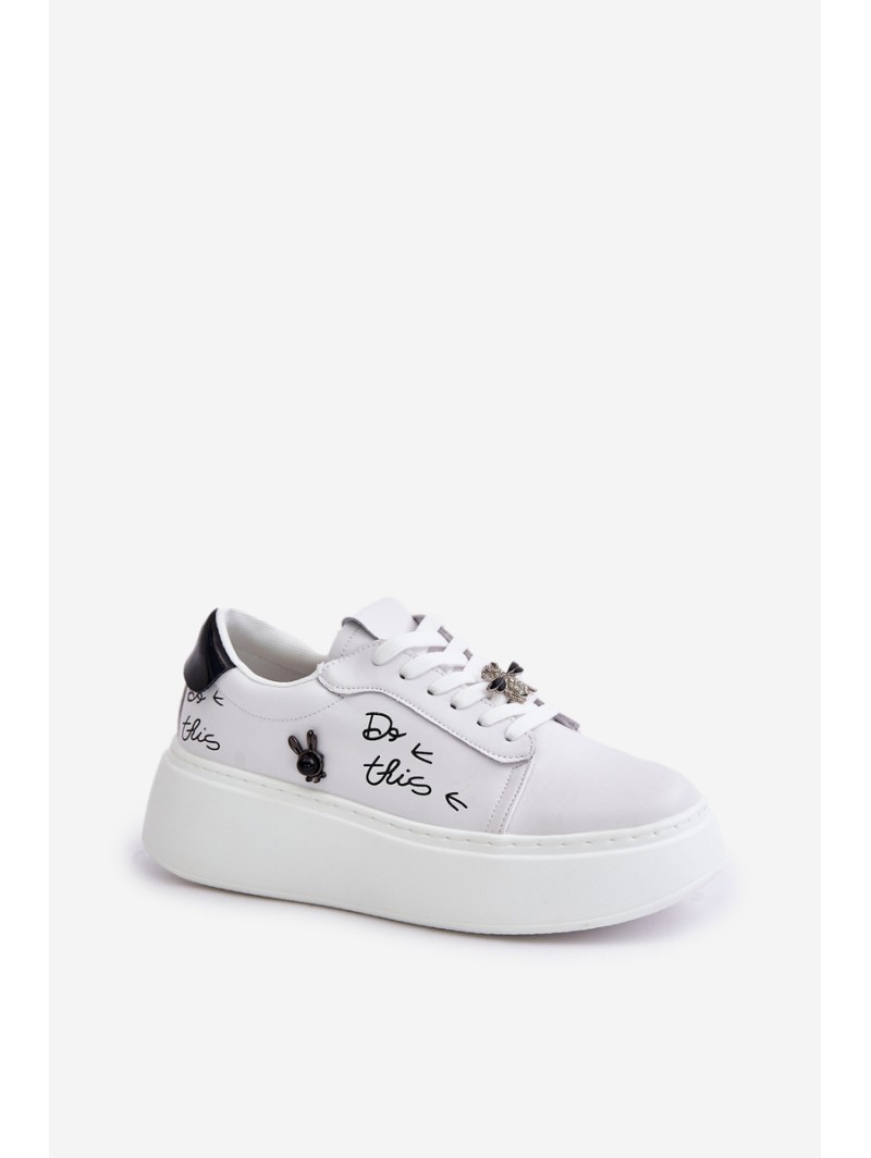Women's Leather Sneakers On Platform With Clip And Text 89102 White