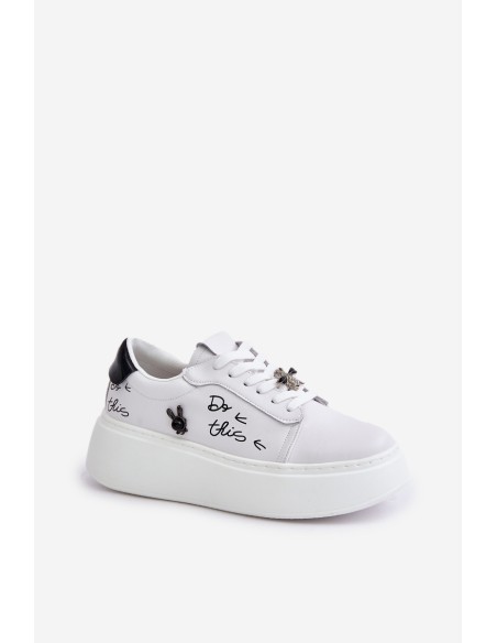 Women's Leather Sneakers On Platform With Clip And Text 89102 White
