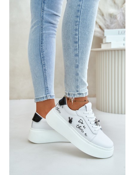 Women's Leather Sneakers On Platform With Clip And Text 89102 White