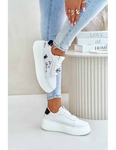 Women's Leather Sneakers On Platform With Clip And Text 89102 White