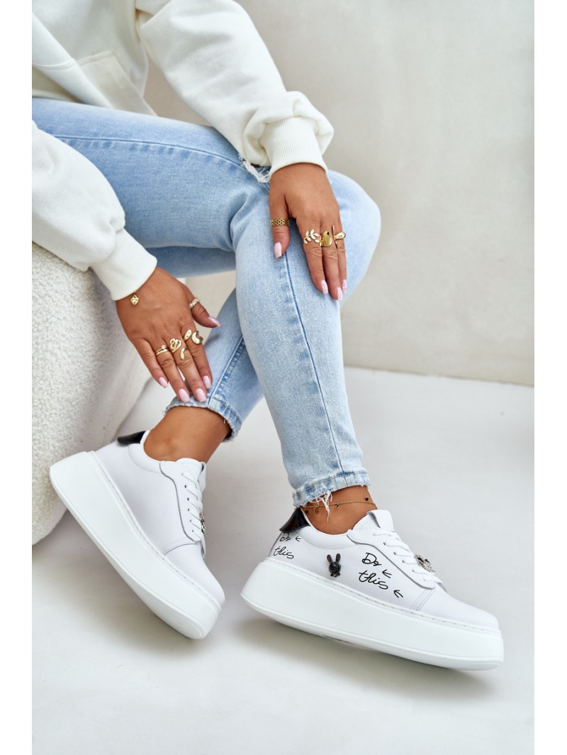 Women's Leather Sneakers On Platform With Clip And Text 89102 White
