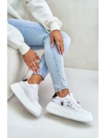 Women's Leather Sneakers On Platform With Clip And Text 89102 White