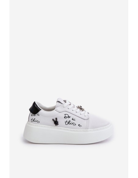 Women's Leather Sneakers On Platform With Clip And Text 89102 White