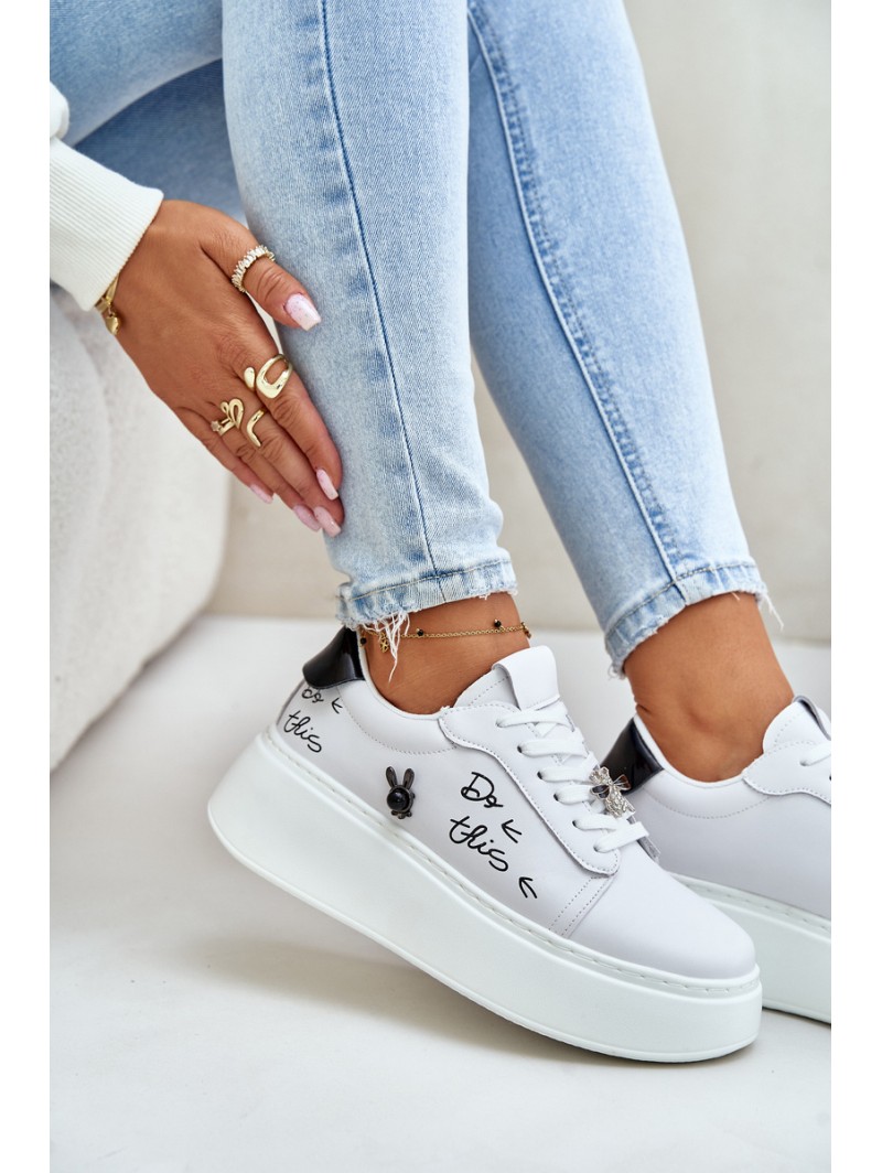 Women's Leather Sneakers On Platform With Clip And Text 89102 White