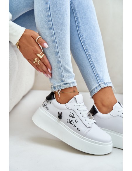 Women's Leather Sneakers On Platform With Clip And Text 89102 White