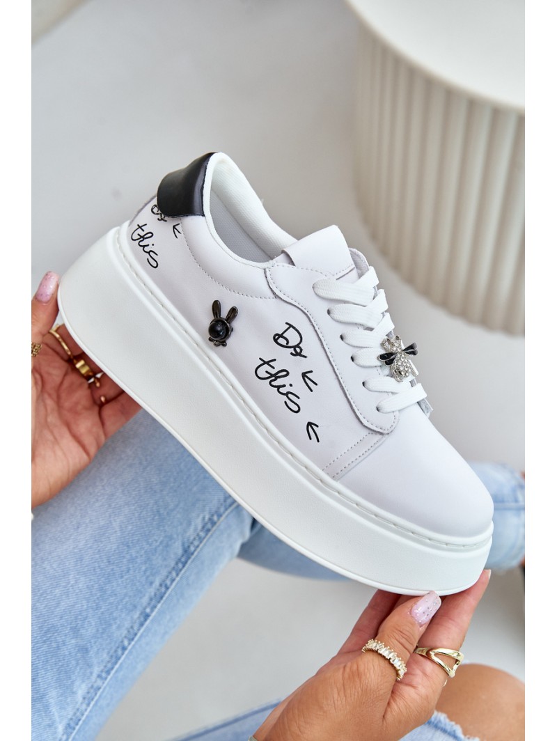 Women's Leather Sneakers On Platform With Clip And Text 89102 White
