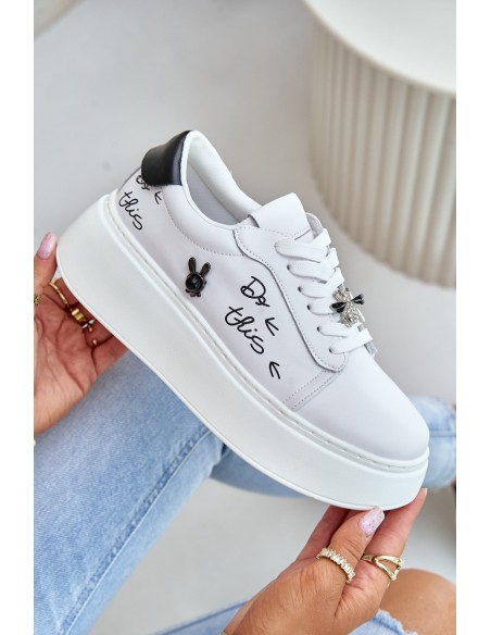 Women's Leather Sneakers On Platform With Clip And Text 89102 White