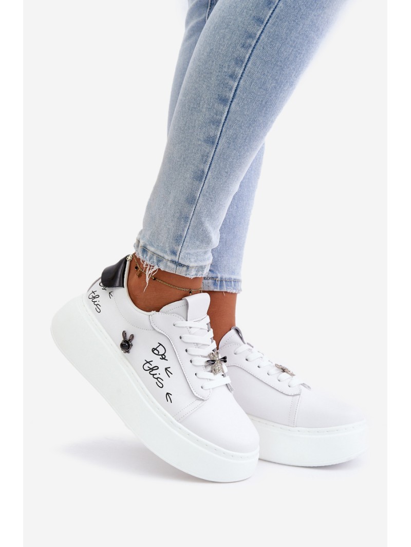 Women's Leather Sneakers On Platform With Clip And Text 89102 White