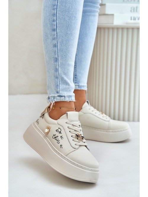 Women Leather Sneakers On Platform With Appliqués And Writing Vinceza 89102 Beige 2