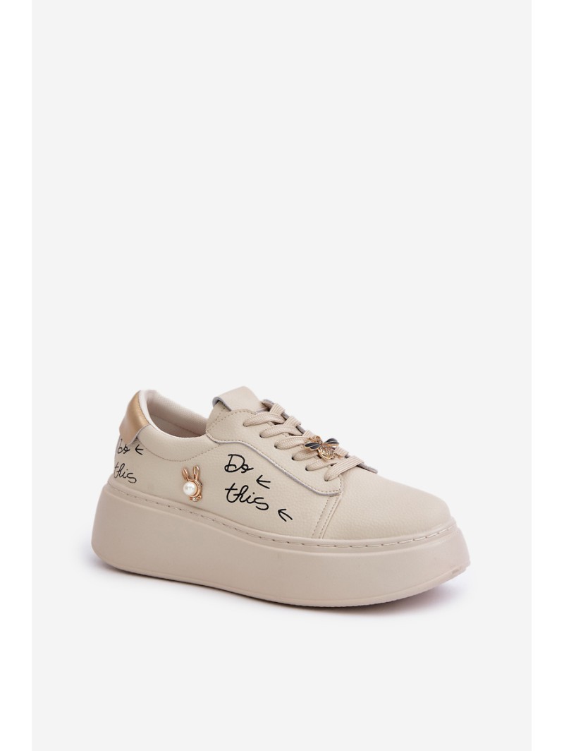 Women Leather Sneakers On Platform With Appliqués And Writing Vinceza 89102 Beige