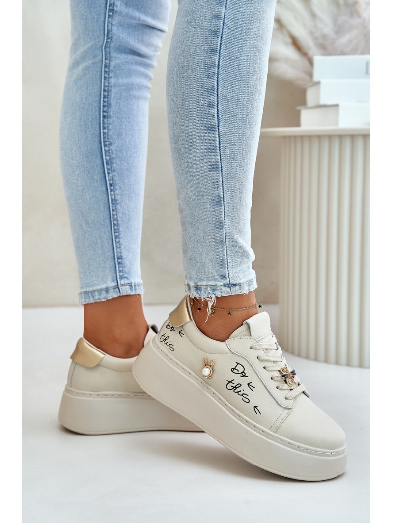 Women Leather Sneakers On Platform With Appliqués And Writing Vinceza 89102 Beige