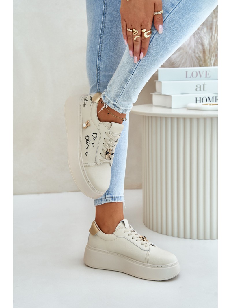 Women Leather Sneakers On Platform With Appliqués And Writing Vinceza 89102 Beige