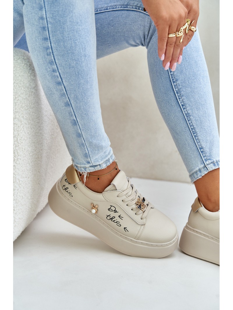 Women Leather Sneakers On Platform With Appliqués And Writing Vinceza 89102 Beige