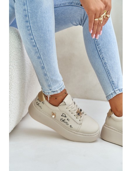 Women Leather Sneakers On Platform With Appliqués And Writing Vinceza 89102 Beige