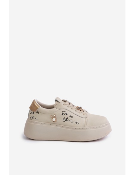 Women Leather Sneakers On Platform With Appliqués And Writing Vinceza 89102 Beige