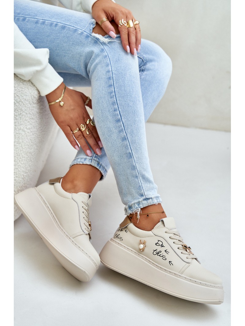 Women Leather Sneakers On Platform With Appliqués And Writing Vinceza 89102 Beige