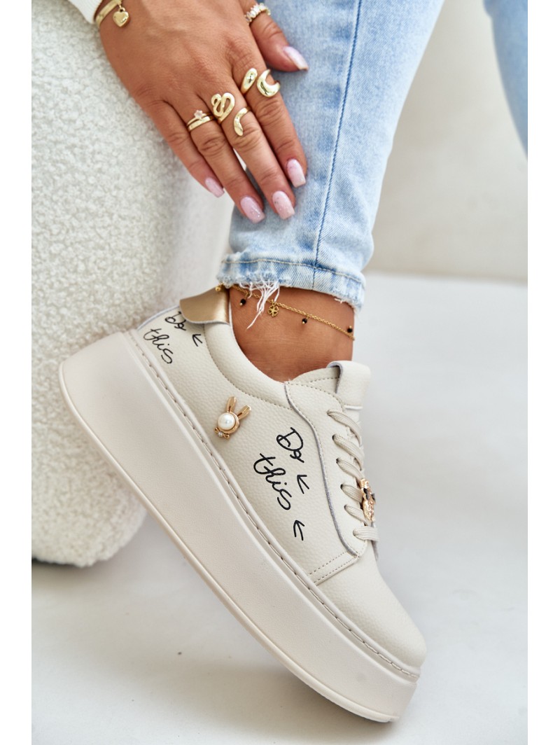 Women Leather Sneakers On Platform With Appliqués And Writing Vinceza 89102 Beige
