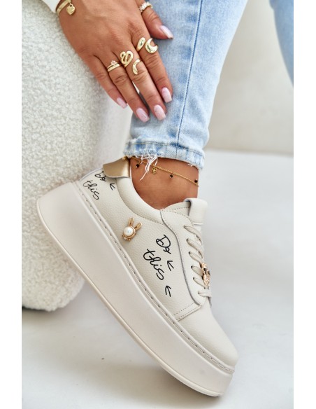 Women Leather Sneakers On Platform With Appliqués And Writing Vinceza 89102 Beige