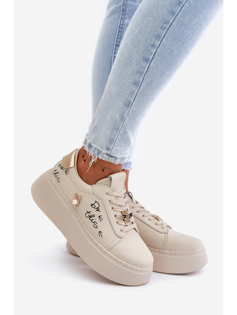 Women Leather Sneakers On Platform With Appliqués And Writing Vinceza 89102 Beige
