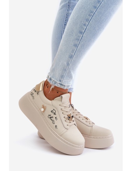 Women Leather Sneakers On Platform With Appliqués And Writing Vinceza 89102 Beige