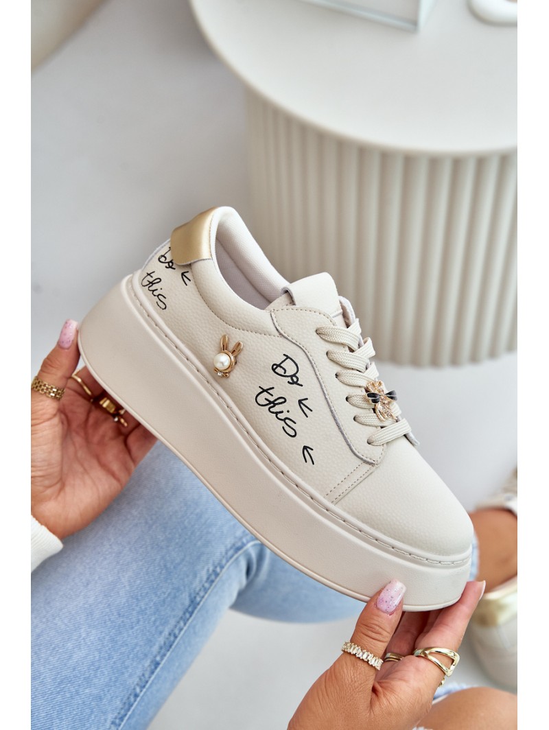 Women Leather Sneakers On Platform With Appliqués And Writing Vinceza 89102 Beige
