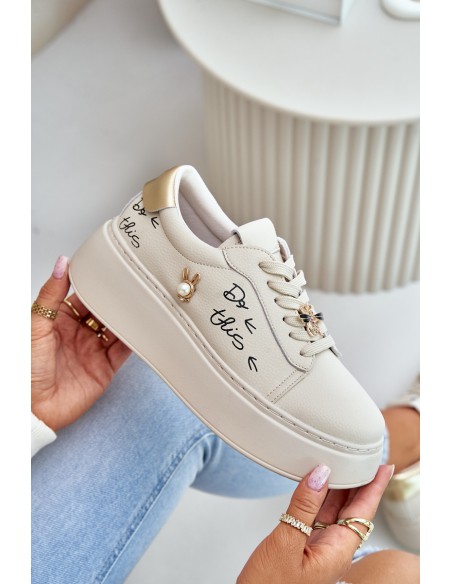 Women Leather Sneakers On Platform With Appliqués And Writing Vinceza 89102 Beige