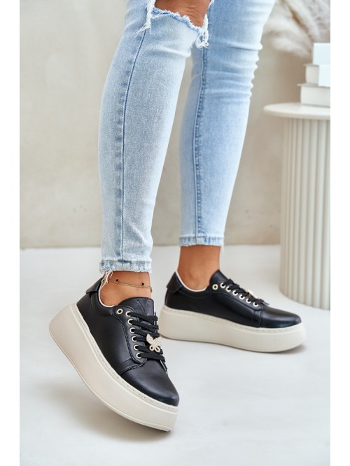 Leather Women's Platform Sneakers With Brooch Vinceza 89101 Black 2