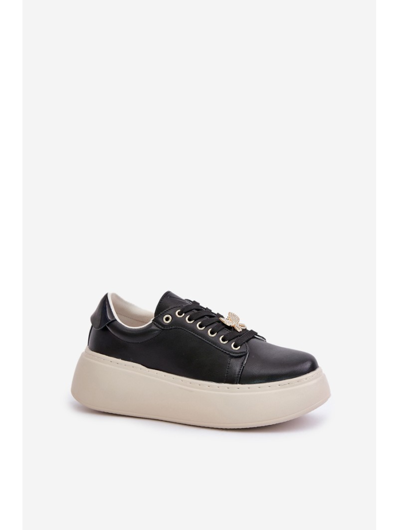 Leather Women's Platform Sneakers With Brooch Vinceza 89101 Black
