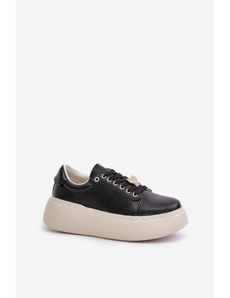 Leather Women's Platform Sneakers With Brooch Vinceza 89101 Black