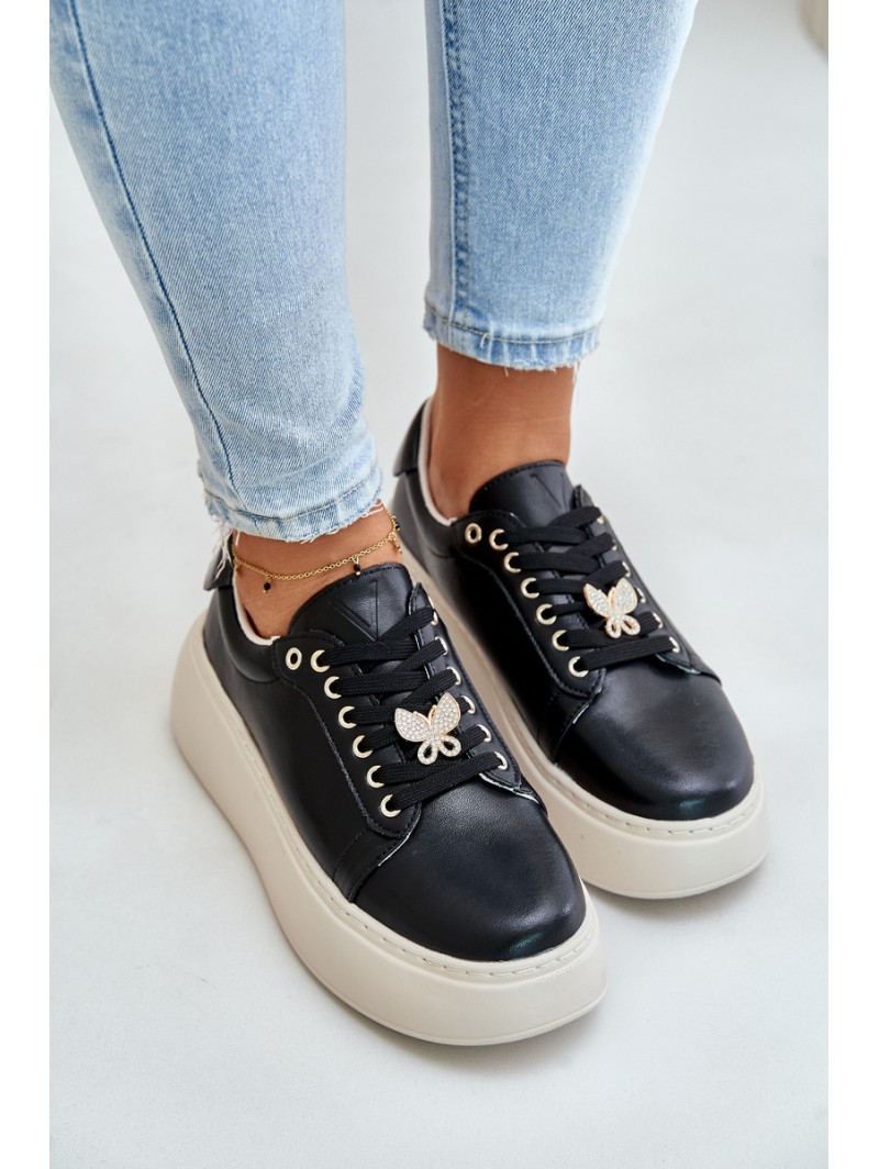 Leather Women's Platform Sneakers With Brooch Vinceza 89101 Black