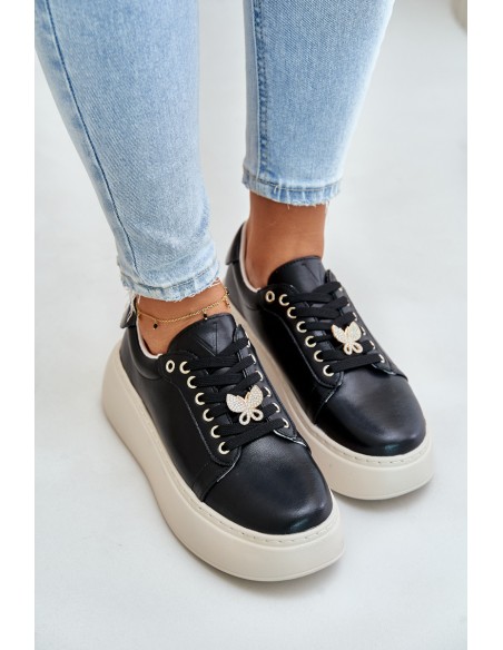 Leather Women's Platform Sneakers With Brooch Vinceza 89101 Black