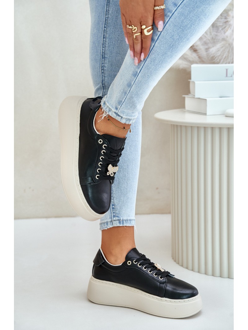 Leather Women's Platform Sneakers With Brooch Vinceza 89101 Black