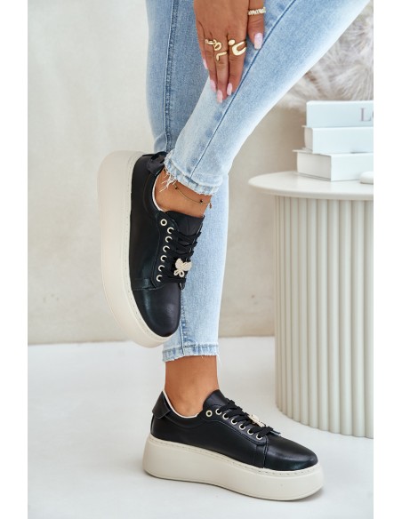 Leather Women's Platform Sneakers With Brooch Vinceza 89101 Black