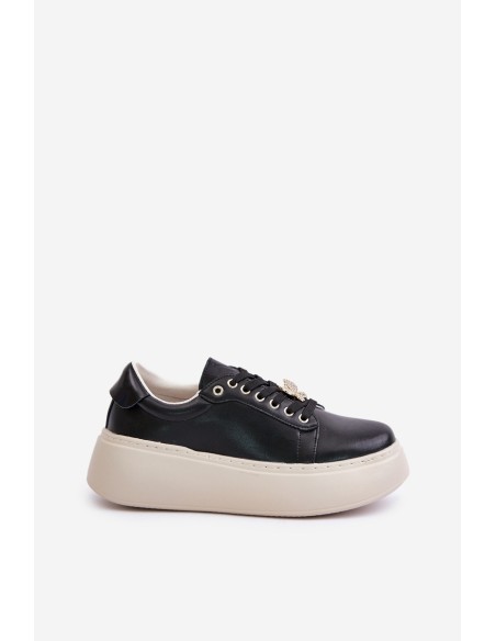 Leather Women's Platform Sneakers With Brooch Vinceza 89101 Black