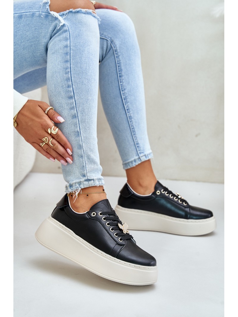 Leather Women's Platform Sneakers With Brooch Vinceza 89101 Black