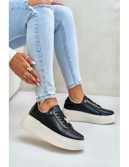 Leather Women's Platform Sneakers With Brooch Vinceza 89101 Black