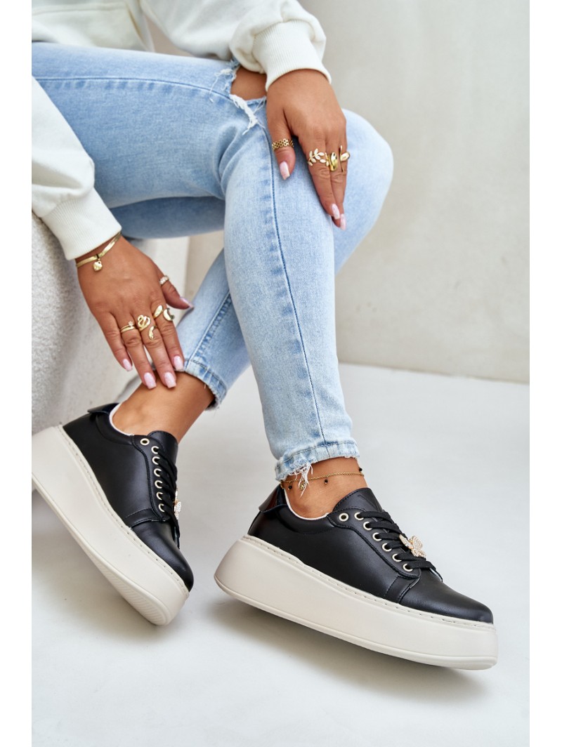 Leather Women's Platform Sneakers With Brooch Vinceza 89101 Black