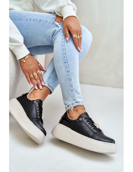 Leather Women's Platform Sneakers With Brooch Vinceza 89101 Black
