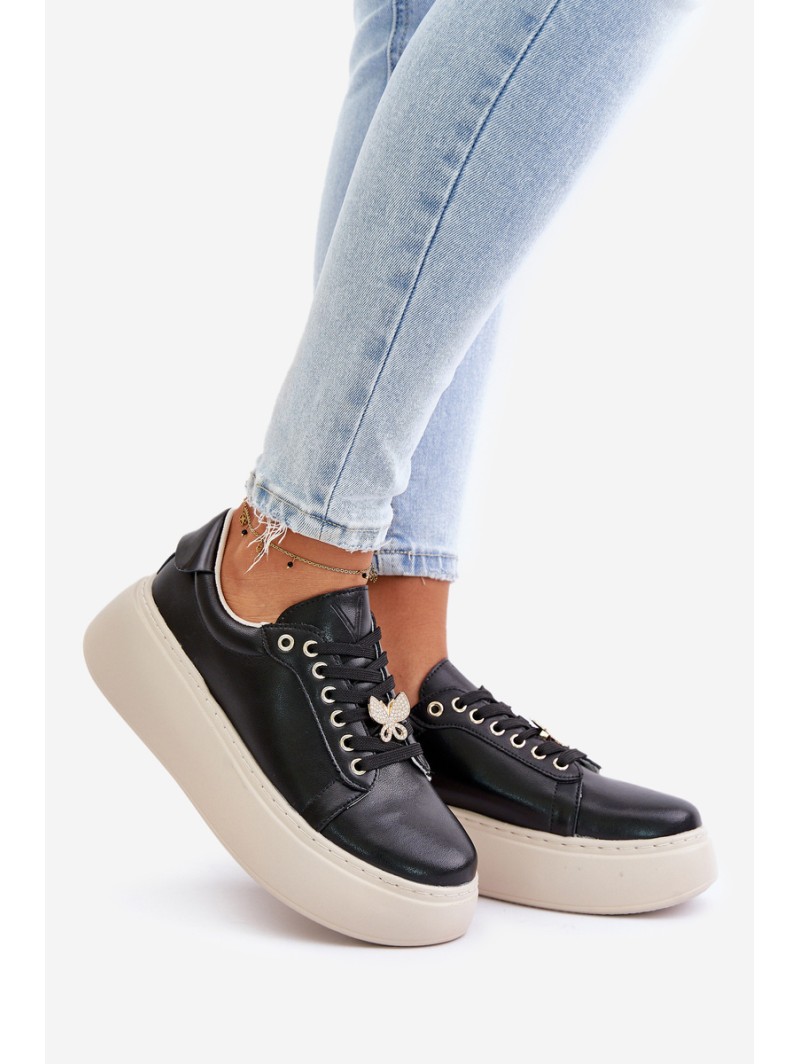 Leather Women's Platform Sneakers With Brooch Vinceza 89101 Black
