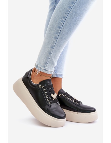 Leather Women's Platform Sneakers With Brooch Vinceza 89101 Black