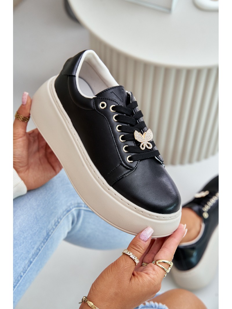 Leather Women's Platform Sneakers With Brooch Vinceza 89101 Black